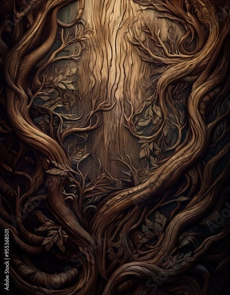 Obraz Wooden textured background in fantasy elvish style. Intricate pattern with tree leaves and  branches. 