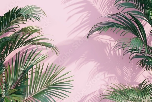 Fototapeta Flat lay frame with palm green leaves on pink background with copy space. desktop wallpaper with palm leaves. backdrop or green leafy tropical forest patterns for design elements.