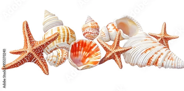 Fototapeta Featuring seashells and starfish on a white background, this watercolor artwork features