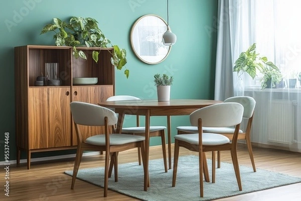 Fototapeta A modern dining room with a wooden table and chairs, green walls, and a round mirror.