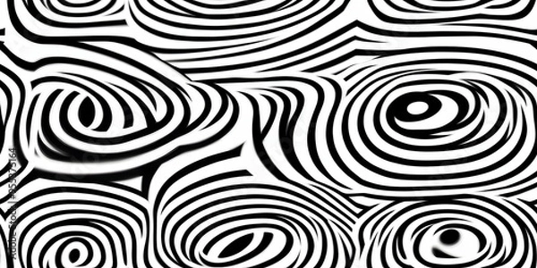 Fototapeta Seamless trippy psychedelic vintage mid century modern geometric striped circle pattern. Bold monochrome black and white retro surreal lines aesthetic art. Optical illusion scallop background texture.