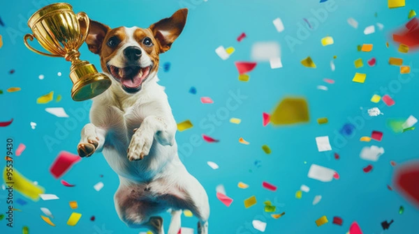 Fototapeta Dog with gold trophy cup. Jumping jack russel with prize on blue background with confetti. Celebration of the win in dog show competition.