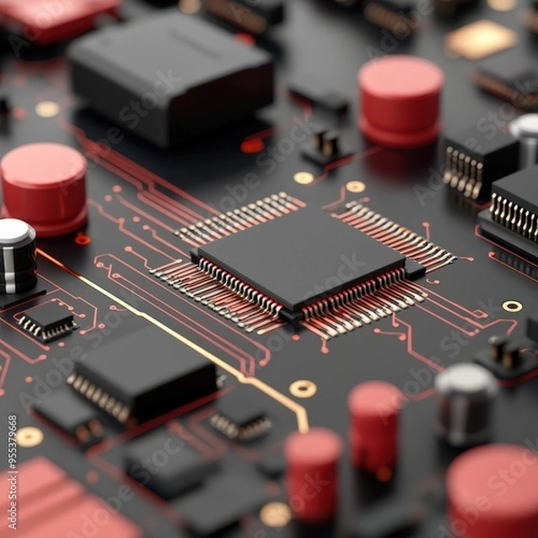 Fototapeta Close-up of a Modern Circuit Board with Microchips and Electronic Components in Red and Black