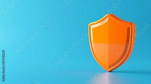 Fototapeta Bright orange shield illustration on blue background, symbolizing protection and security. Ideal for cybersecurity and safety themes.