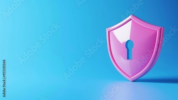Fototapeta Bright pink security shield with keyhole on blue background representing internet security and data protection concept.