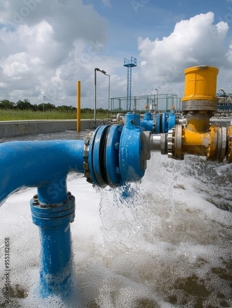 Fototapeta A close-up of an industrial wastewater treatment system, showcasing the precise piping system, water flowing, and a focus on efficiency and cleanliness. This image symbolizes environmental sustainabil
