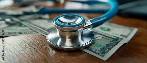 Fototapeta A stethoscope placed on money, symbolizing the intersection of healthcare and finance in modern medicine.