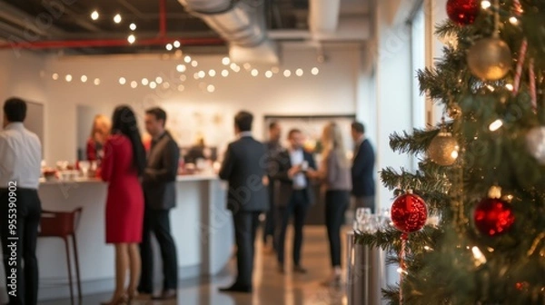 Obraz Festively Decorated Office Space with Employees Mingling at Corporate Holiday Party
