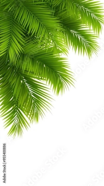 Fototapeta Delicate teal palm leaves frame the top of a clean white background, providing a minimalist aesthetic with plenty of empty space suitable for text or graphics