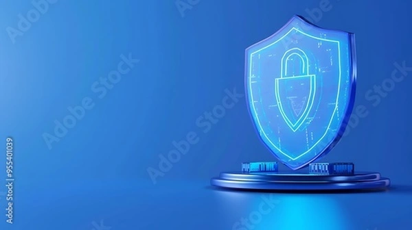 Fototapeta Digital security shield hologram representing cybersecurity protection against online threats, glowing in blue tones with a futuristic design.