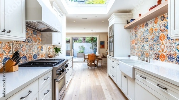 Fototapeta A bright kitchen with a skylight, white cabinets, and a pop of color from the backsplash tiles.