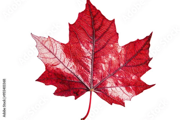 Obraz A single red and white maple leaf with veins visible on a white transparent background.