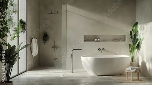 Fototapeta A chic bathroom with a glass-walled shower area and a standalone bathtub, surrounded by modern, minimalist decor.