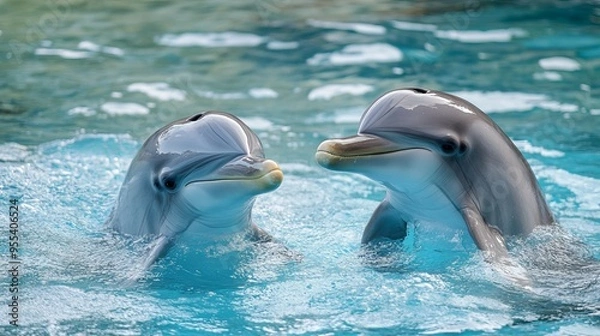 Fototapeta Dolphins, marine mammals renowned for their intelligence, exhibit playful and amiable behavior. Their sleek bodies, smooth skin, and distinctive curved dorsal fin complement their gray coloration. 