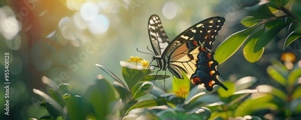 Fototapeta Graceful swallowtail butterfly feeding on nectar, 4K hyperrealistic photo