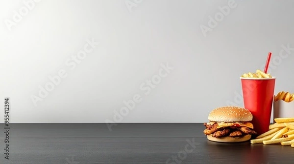 Fototapeta A variety of fast food items, including burgers, chicken wings, fries, and a red cup of soda, are arranged on a black wooden tabletop against a white background