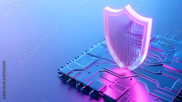 Fototapeta Futuristic cybersecurity concept with glowing shield icon on a microchip, symbolizing digital protection and advanced technology.