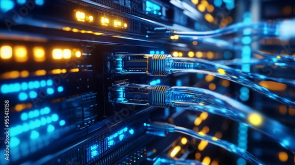 Obraz High tech data center with robust network switches and glowing cables.