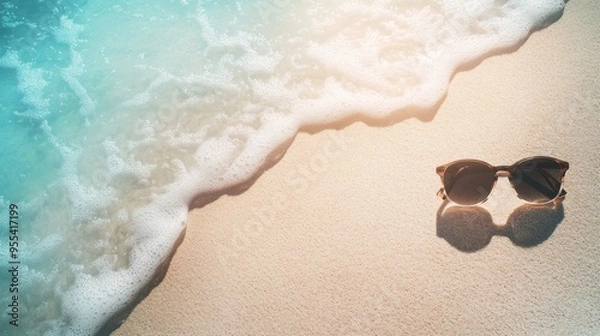 Obraz A high-quality stock image of a pair of stylish sunglasses resting on a sandy beach on the right side, leaving space on the left for text. Perfect for beachwear promotions, summer advertisements.