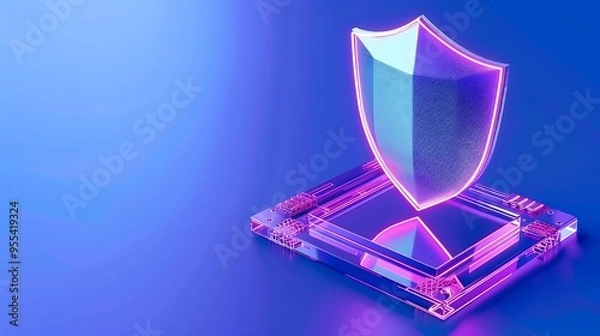 Fototapeta Futuristic digital shield protecting a microchip, representing advanced cybersecurity and data protection technology on a blue background.