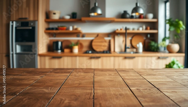 Fototapeta Empty wooden surface on blurred background of modern kitchen