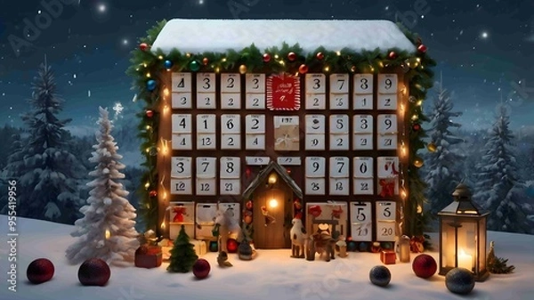 Fototapeta Christmas Advent Calendar Snowy Scene. Generated AI