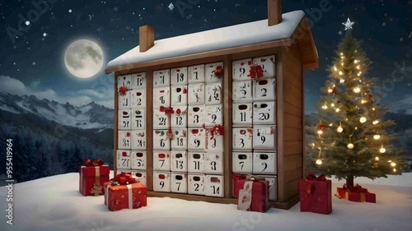 Fototapeta Christmas Advent Calendar Snowy Scene. Generated AI