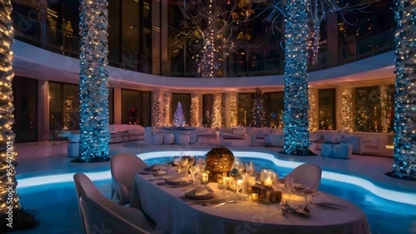 Fototapeta Elegant Christmas Dinner in Modern Luxury Setting - Generaited AI