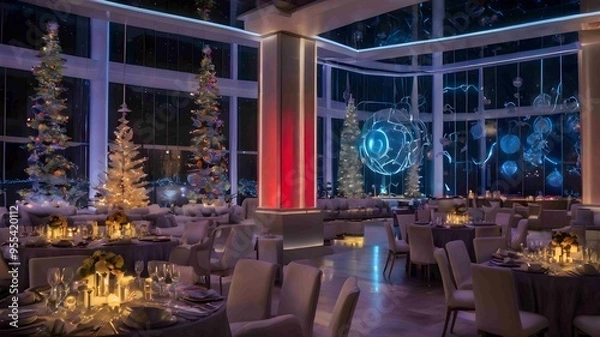 Fototapeta Elegant Christmas Dinner in Modern Luxury Setting - Generaited AI
