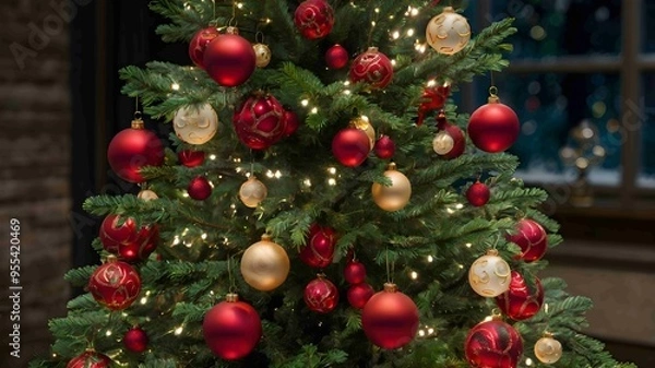 Fototapeta Beautifully Decorated Christmas Tree with Colorful Ornaments and Lights. Generated AI