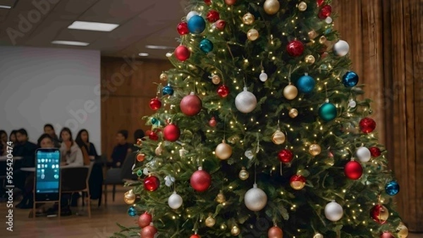 Fototapeta Beautifully Decorated Christmas Tree with Colorful Ornaments and Lights. Generated AI