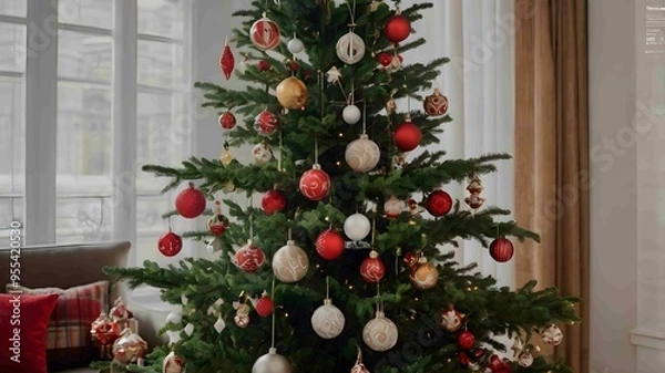 Fototapeta Beautifully Decorated Christmas Tree with Colorful Ornaments and Lights. Generated AI
