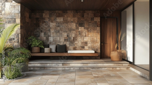 Fototapeta Modern Entrance Hall with Stone Tile Wall and Rustic Wooden Elements