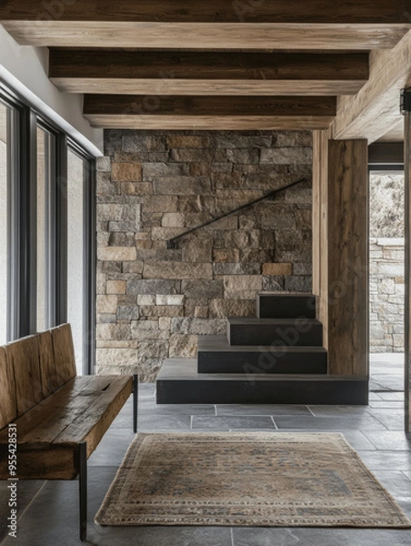 Fototapeta Modern Entrance Hall with Stone Tile Wall and Rustic Wooden Elements