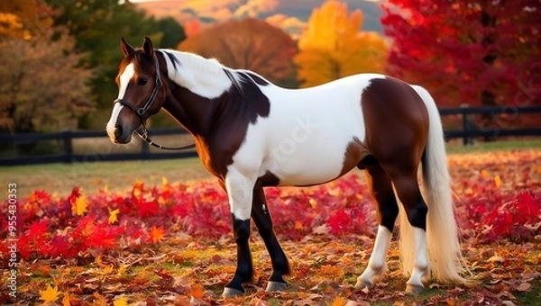 Fototapeta Capture the serene beauty of autumn with this enchanting photograph featuring a horse in a picturesque fall scene.