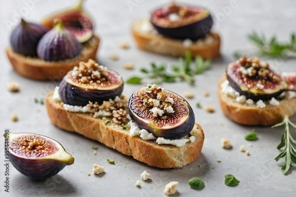 Fototapeta Fig and Goat Cheese Crostini: A single crostini topped with goat cheese, fig slices, and a sprig of herbs, placed on a plain white surface