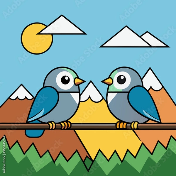 Obraz Mountain Perch Vector Illustration of Two Birds on a Branch