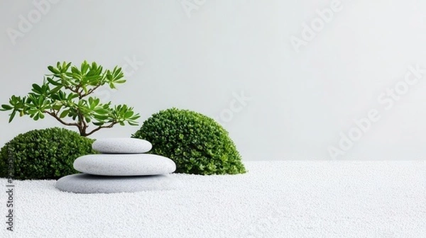 Fototapeta A peaceful Zen garden with prebiotic-rich plants growing, calm atmosphere, watercolor style