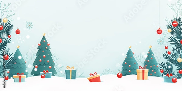 Obraz Light blue background with cartoon Christmas trees, ornaments, gifts, room for text
