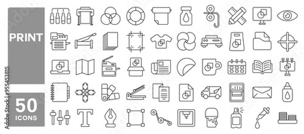 Fototapeta Set of 50 line icons related to print, printing, printer, digital, offset, brochure, catalog, flyer, newspaper, card, t-shirt, design, painting, Editable stroke. Vector illustration
