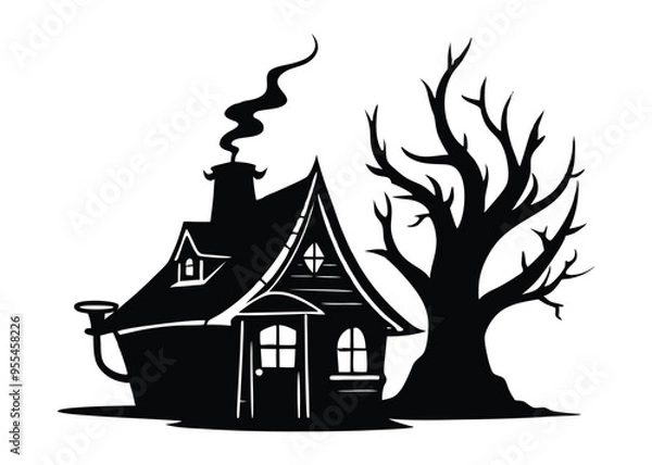 Fototapeta Black Silhouette of Haunted House with Bat and Bare Tree Vector Illustration