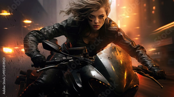 Fototapeta Action shot with woman on the bike riding away from fire and explosion. Dynamic scene in action movie blockbuster style.