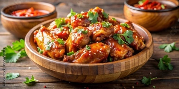 Fototapeta Close-up of Sesame and Chili Glazed Chicken Wings in a Wooden Bowl on Rustic Table, chicken wings, glazed wings, sesame glaze, chili glaze, ,