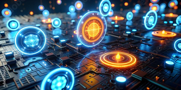 Fototapeta Abstract Digital Network: A mesmerizing 3D rendering of a futuristic network with glowing orbs and circuits. The image evokes a sense of connectivity, innovation, and the boundless potential of techno