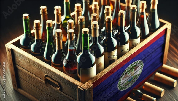 Obraz A wooden crate filled with assorted wine bottles, adorned with the Belize flag, symbolizing the rich tradition and diversity of wine industry.