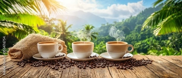 Fototapeta Tropical Coffee Break Three steaming cups of coffee on a rustic wooden table with coffee beans a burlap bag and a lush green jungle backdrop