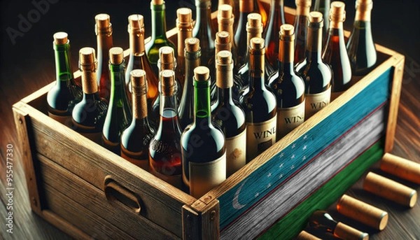 Obraz A wooden crate filled with assorted wine bottles, adorned with the Uzbekistan flag, symbolizing the rich tradition and diversity of wine industry.