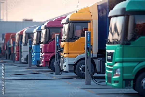 Fototapeta Row of colorful trucks at charging station with clear sky
