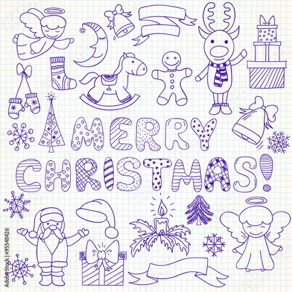 Fototapeta Collection of vector Christmas characters and ornaments in doodl