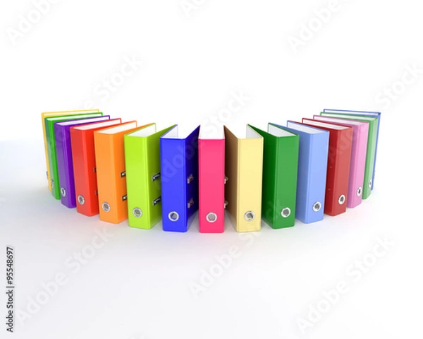 Fototapeta Row of multi-colored office folders on a white background. 3D il